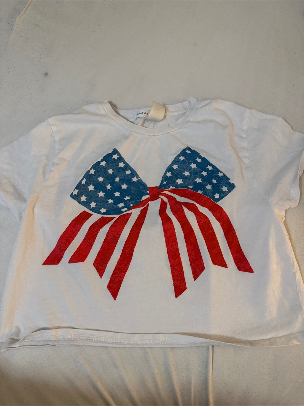 Altar'd State White Tee with Red & Blue Flag Bow